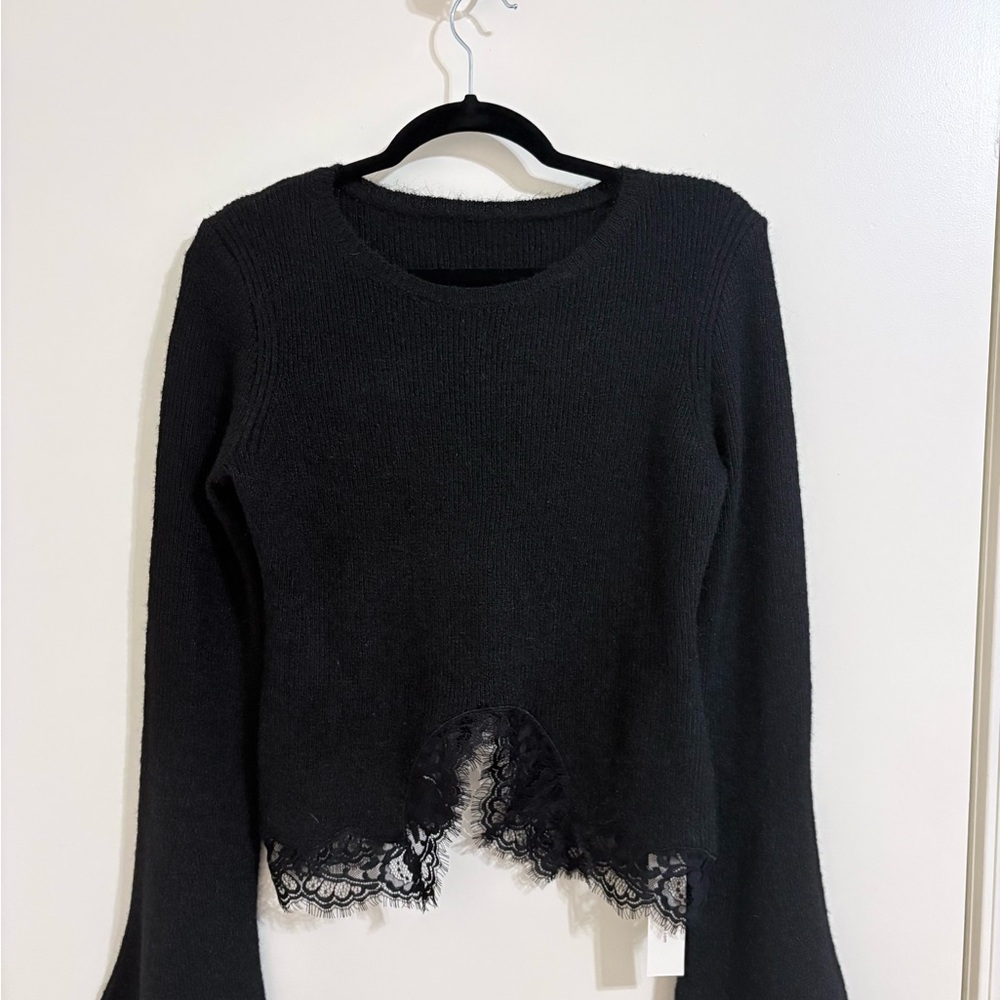 Black Sweater with Lace Hem